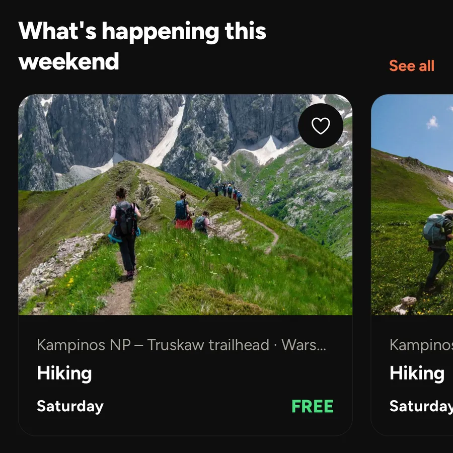 Upcoming sessions in the Spotco app, each with its place, day, price and spots left