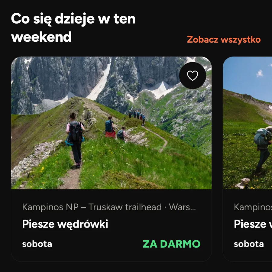 Nadchodzące wydarzenia w aplikacji Spotco, przy każdym miejsce, dzień, cena i wolne miejsca