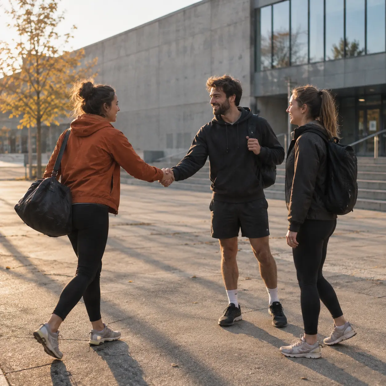 Trzy osoby witają się przed halą sportową